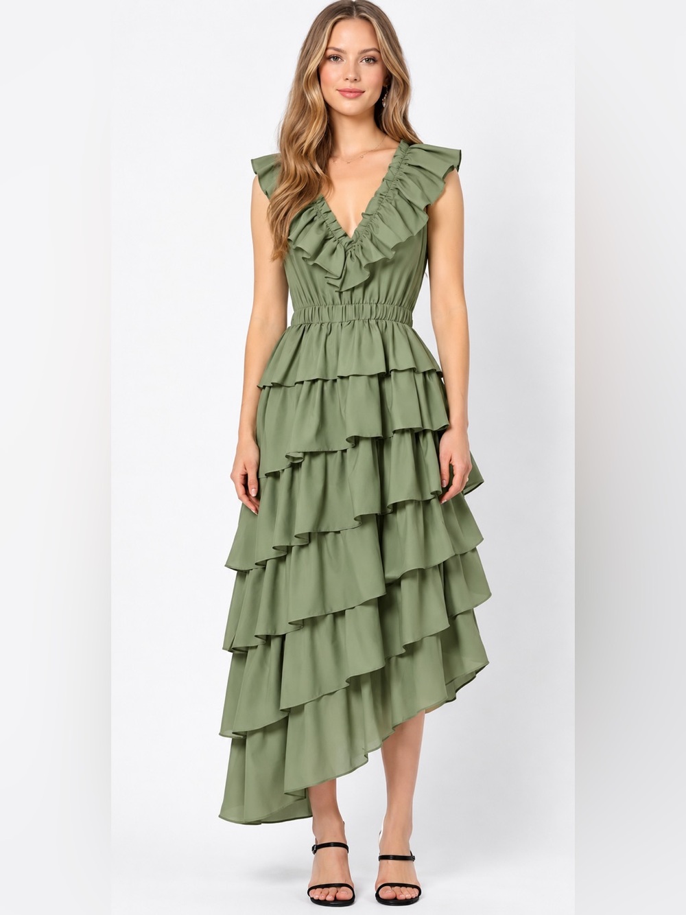 Elliatt Ruffle Tiered High Low Dress Artichoke Green Size Small
